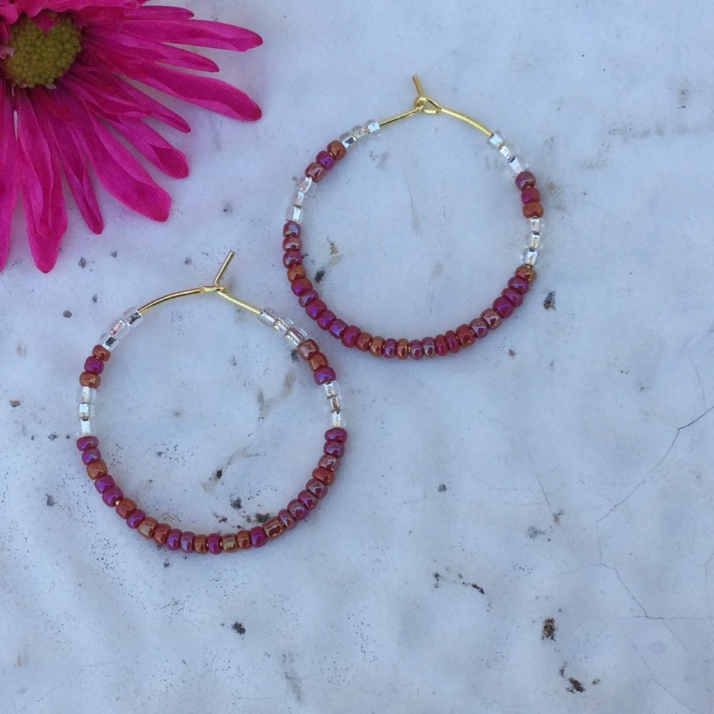 Pink Beaded Hoops